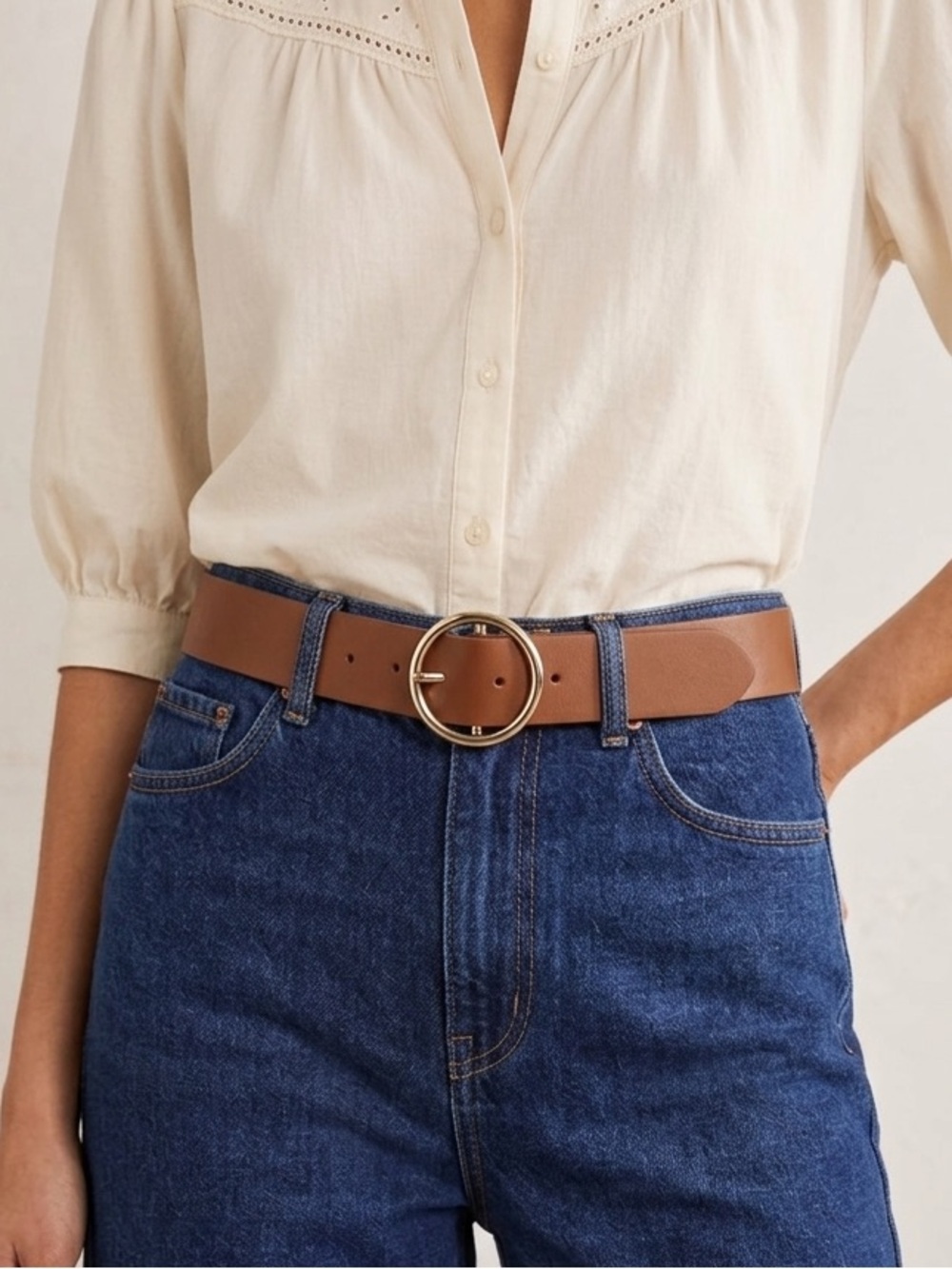 Old Navy Leather Wide Brown Belt with Gold Circle Buckle